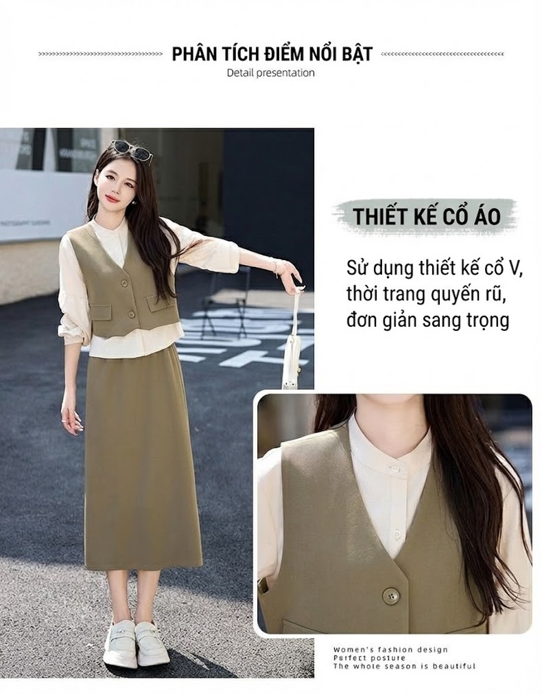 Set Bộ Vest Gile Nữ Áo Dài Tay Chân Váy Midi Thanh Lịch Màu Đen, Be, Xanh Olive chi tiết 4