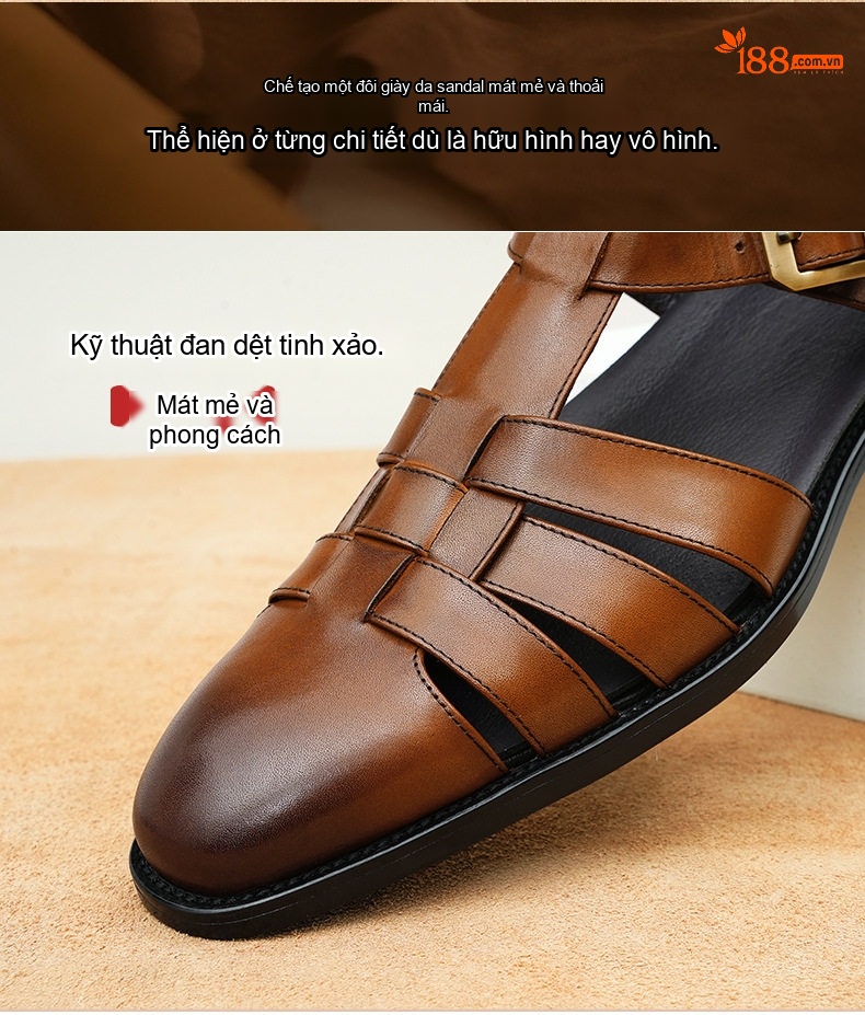 Giày Sandal Rọ Nam Da Thật Phong Cách Retro Chiều Cao Đế Khoảng 2cm Màu Đen, Nâu chi tiết 3