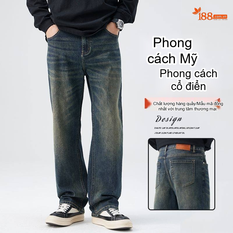 Quần Jean Nam Ống Đứng Dáng Rộng Phong Cách Mỹ Wash Bụi Màu Xanh