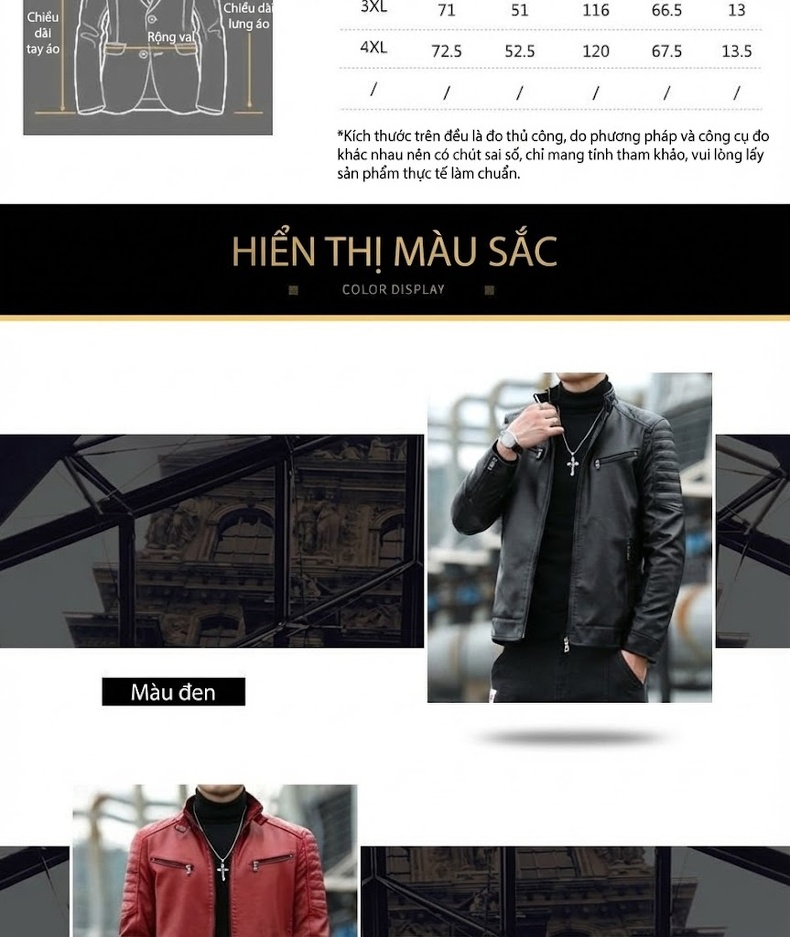 Áo Khoác Da Nam Cổ Trụ Dáng Ôm Phong Cách Biker Màu Nâu, Đen, Xanh Navy, Đỏ... chi tiết 15
