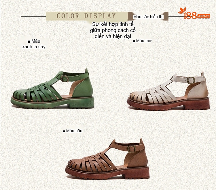 Dép Sandal Nữ Da Heo Quai Lồng Đế Cao 3cm - 4cm Màu Nâu, Xanh Lá, Trắng chi tiết 3