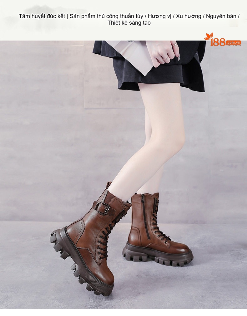 Boot Martin Nữ Da Bò Cổ Lửng Khóa Cài Phong Cách Anh Chiều Cao Đế Khoảng 5cm Màu Nâu, Đen chi tiết 1