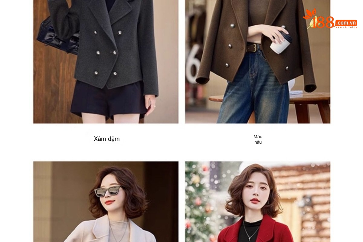 Áo Khoác Dạ Nữ Dáng Vest Hai Mặt Lông Cừu Cashmere Phong Cách Tiểu Thư Màu Đỏ, Xám, Nâu, Kem chi tiết 8