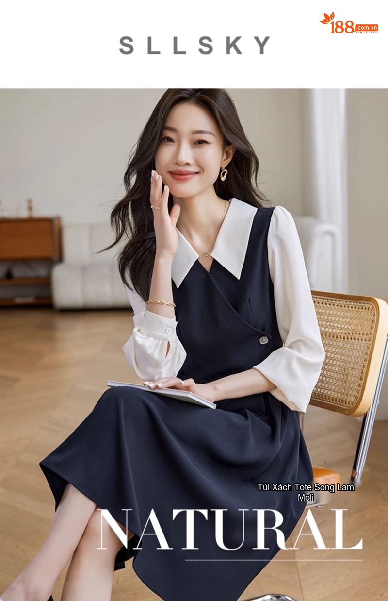 Váy liền thân Nữ dáng chữ A Thiết Kế Giả Hai Lớp Tay Dài Cổ Sơ Mi Thanh Lịch Màu Đen, Trắng chi tiết 1