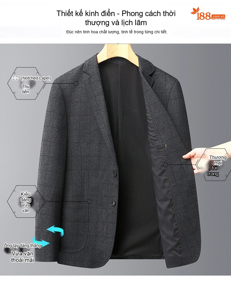 Áo Vest Nam Họa Tiết Ô Vuông Thu Đông Dáng Ôm Màu Xám chi tiết 8
