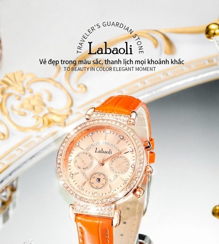 Đồng Hồ Nữ LabaoLi Dây Da Mặt Đính Đá Thời Trang Màu Cam, Đỏ, Xanh Lá, Trắng... chi tiết 5