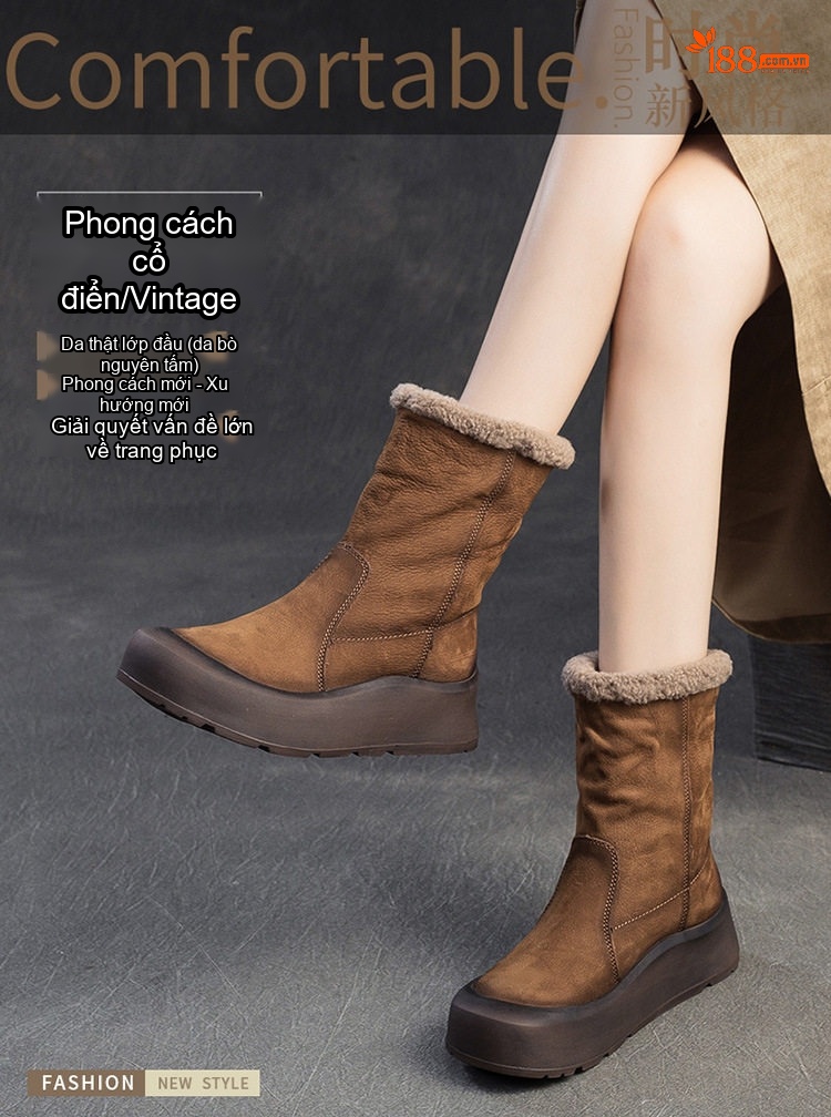 Boot Nữ Cổ Lông Giữ Ấm Lót Lông Chiều Cao Đế Khoảng 5cm Màu Nâu chi tiết 1