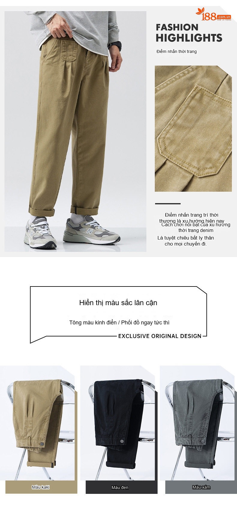Quần Dài Nam Cotton Ống Suông Kiểu Mỹ Phong Cách Công Sở Màu Đen, Nâu, Xám, Be chi tiết 6