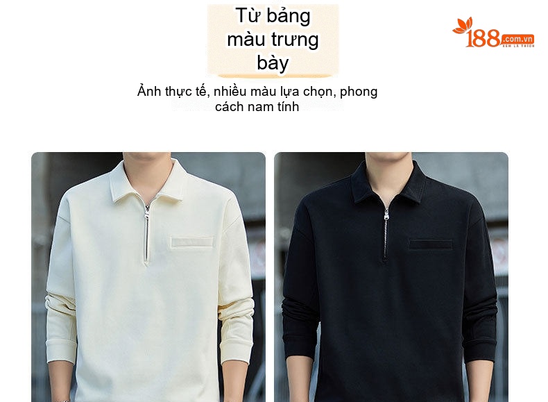 Áo Thun Polo Dài Tay Nam Dáng Rộng Khóa Kéo Phong Cách Hàn Quốc Màu Xám, Đen, Trắng chi tiết 4