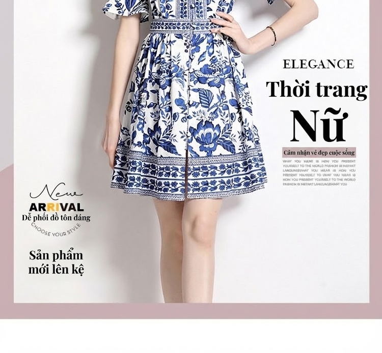 Váy Chữ A Nữ Cổ chữ V Tay Loe Thắt Eo Họa Tiết Cổ Điển Màu Trắng, Xanh Lam chi tiết 2