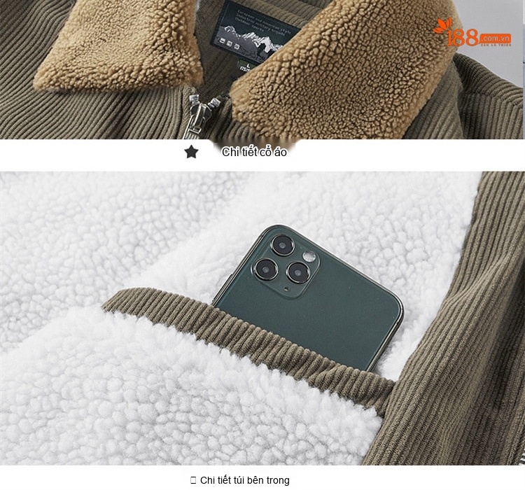 Áo Khoác Cotton Nam Lót Lông Cổ Lông Cừu Form Rộng Màu Nâu, Đen, Xám chi tiết 11