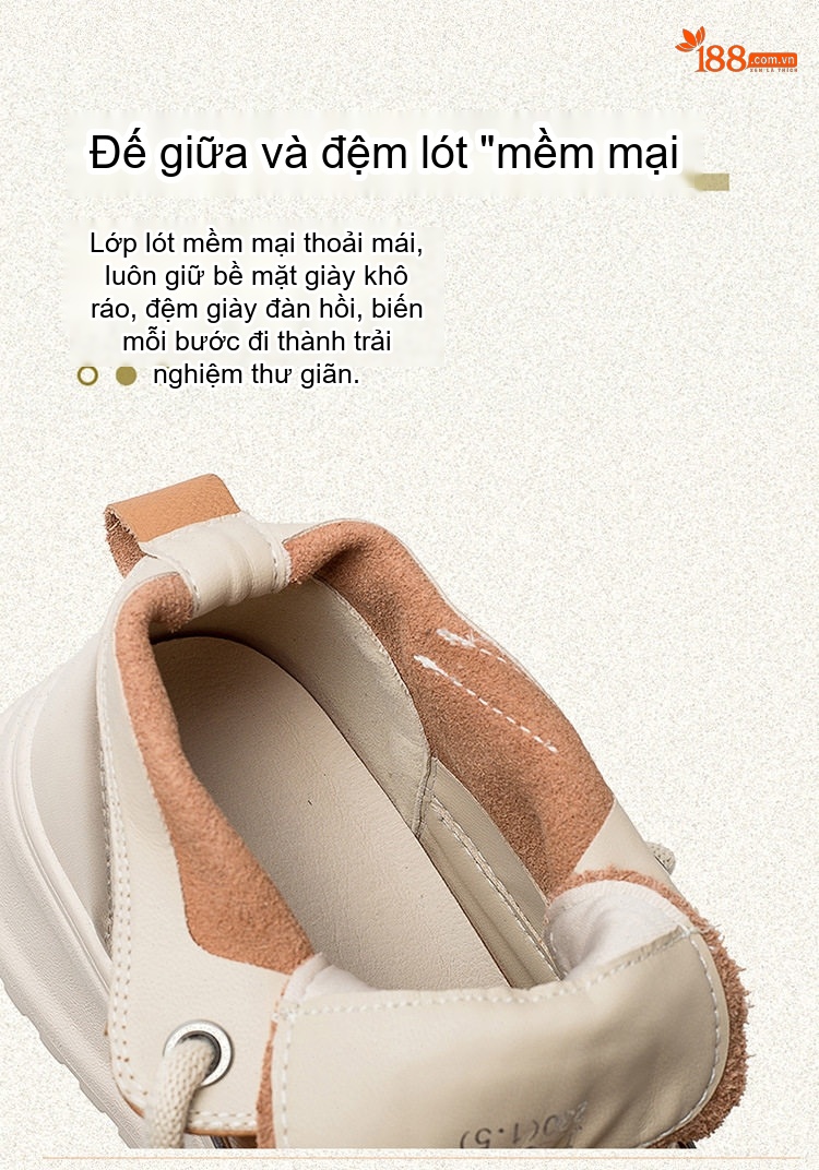 Giày Cao Cổ Nữ Da Bò Thật Buộc Dây Chiều Cao Đế Khoảng 5cm Màu Nâu, Trắng chi tiết 6
