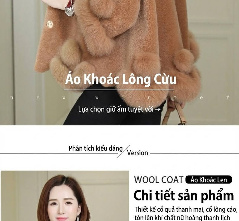 Áo Khoác Lông Cừu Ép Lông Cổ Lông Cáo Dáng Ngắn Màu Trắng, Nâu, Đỏ chi tiết 2