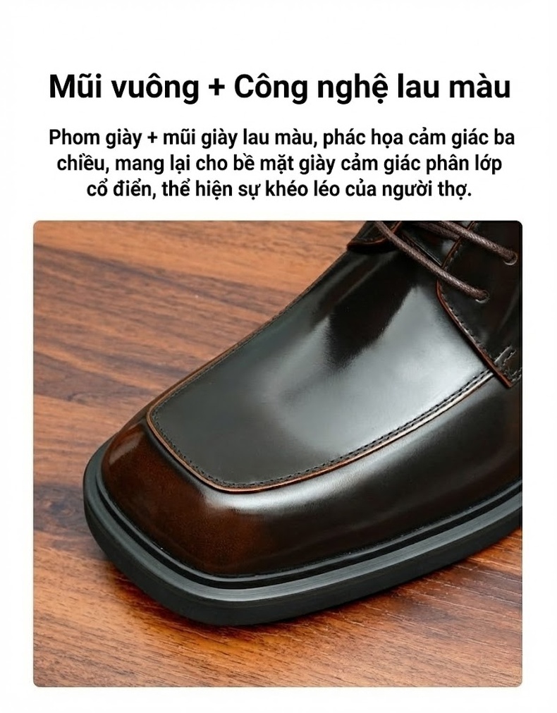 Giày Tây Buộc Dây Nam Da Bóng Chiều Cao Đế Khoảng 3.5cm Màu Đen, Nâu chi tiết 2
