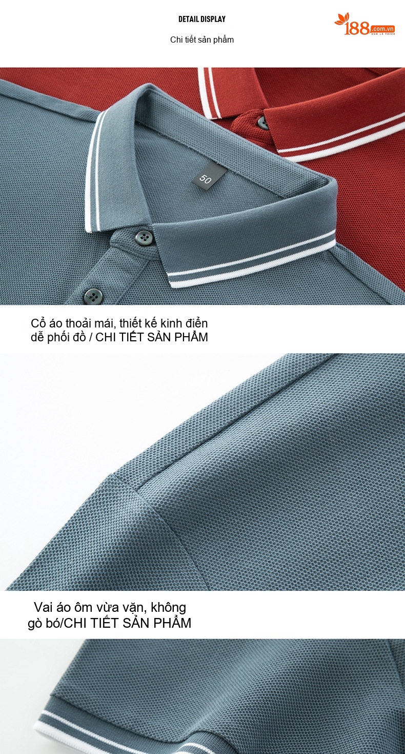 Áo Polo Nam Cổ Bẻ Cotton Mỏng Thoáng Khí Thoải Mái Màu Xám, Trắng, Đỏ chi tiết 31