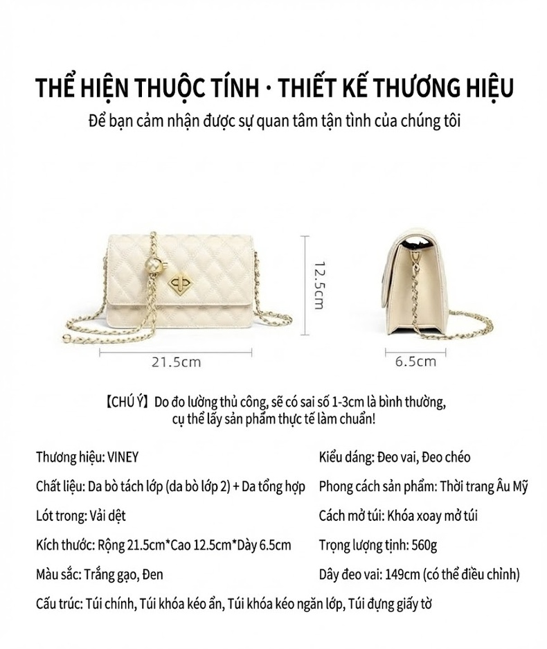 Túi Đeo Chéo Nữ Da Thật Thiết Kế Nhỏ Gọn Dây Xích Màu Trắng Kem chi tiết 11