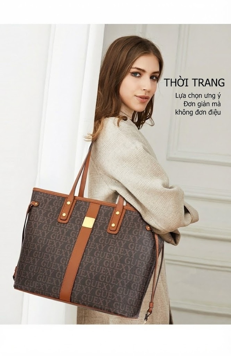 Túi Tote Nữ In Chữ Lớn Đeo Vai Chất Da Bóng, Túi Xách Tay Đi Làm, Đi Chơi Màu Nâu chi tiết 1