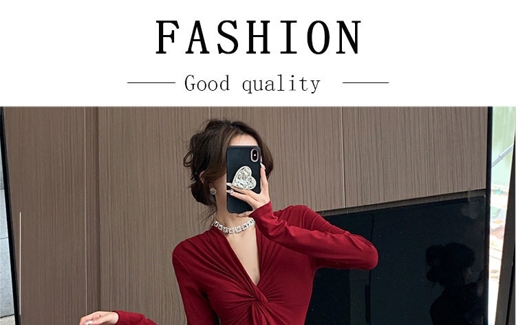 Váy liền thân Nữ Dáng Ôm Tay Dài Xẻ Tà Phong Cách Quý Cô Màu Đỏ, Nâu, Xám, Đen... chi tiết 1