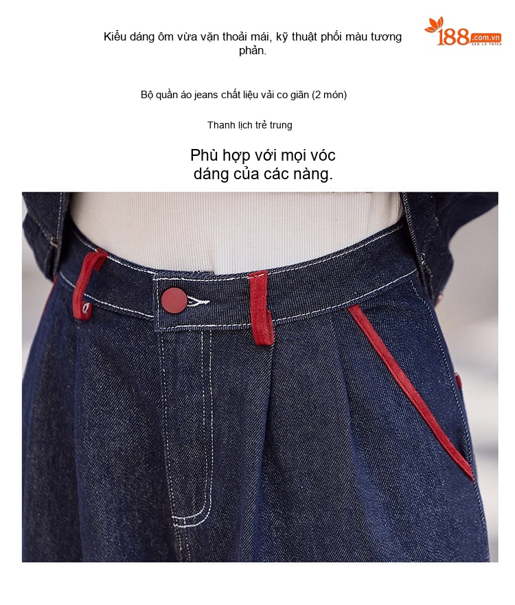 Set Áo Khoác Jean Nữ Cổ Bẻ Tay Dài Quần Ống Rộng Màu Xanh Jean chi tiết 8