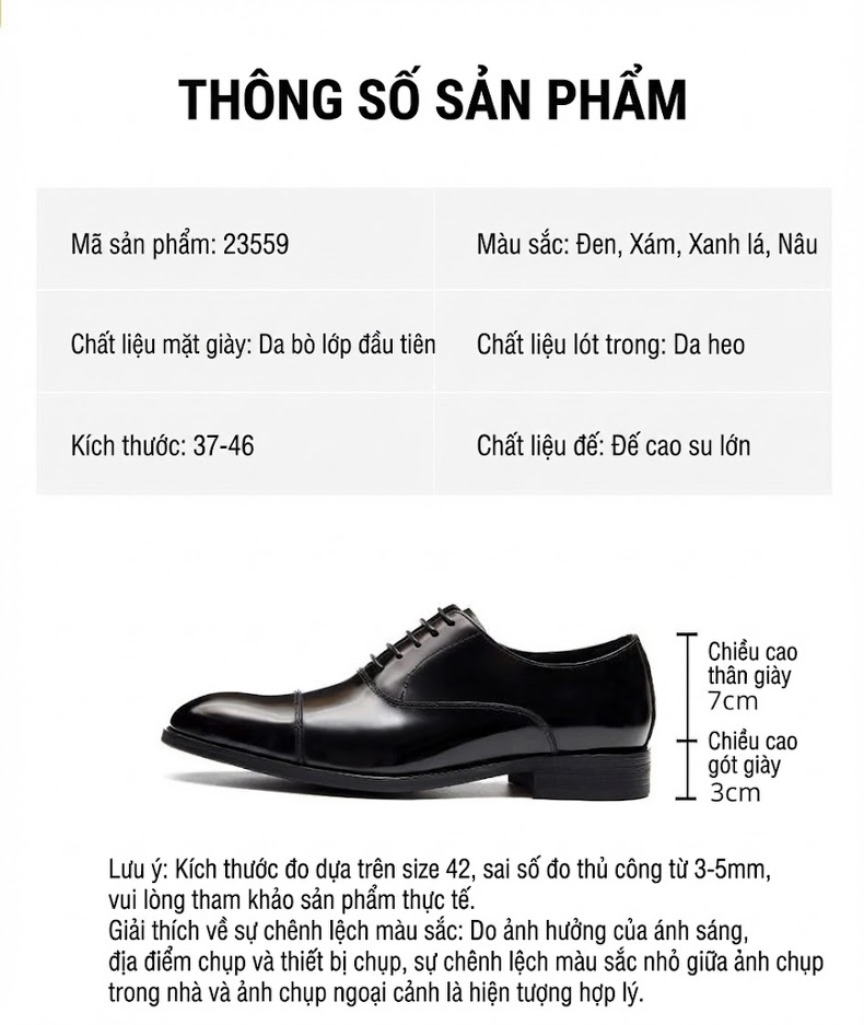 Giày Tây Buộc Dây Nam Da Thật Chiều Cao Đế Khoảng 3cm Màu Đen, Nâu, Xám, Xanh... chi tiết 2
