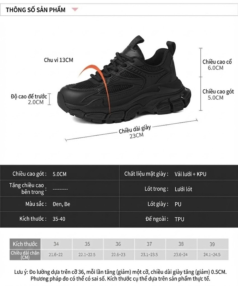 Giày Sneaker Nữ Đế Dày Tăng Chiều Cao Khoảng 5cm Phong Cách Thể Thao Màu Đen, Trắng chi tiết 3