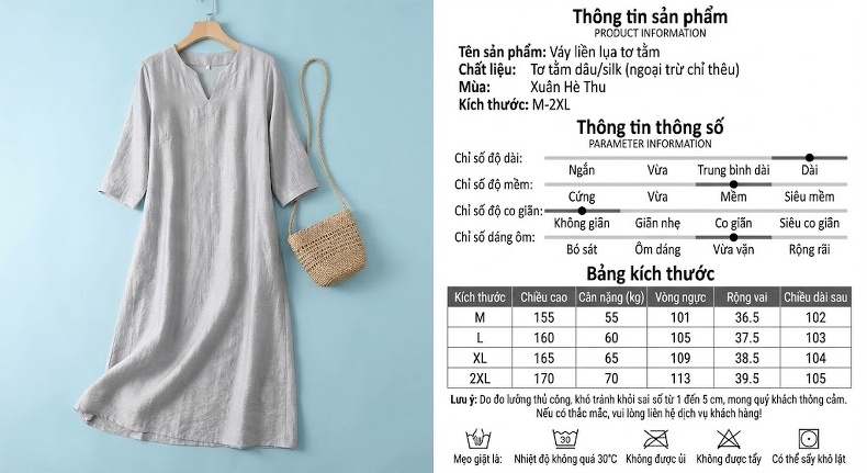 Váy Dài Thêu Hoa Lụa Tơ Tằm dáng chữ A Cổ chữ V Phong Cách Pháp Màu Xám chi tiết 5