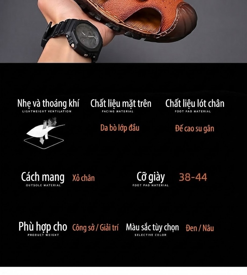 Dép Sandal Nam Da Bóng Quai Hậu Chiều Cao Đế Khoảng 2cm Màu Nâu, Đen chi tiết 10