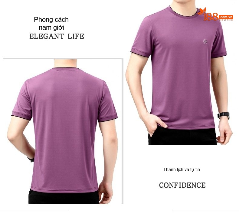 Áo Thun Nam Tay Ngắn Cotton Lụa Cao Cấp Chống Nhăn Màu Tím, Xanh Dương, Xám chi tiết 19