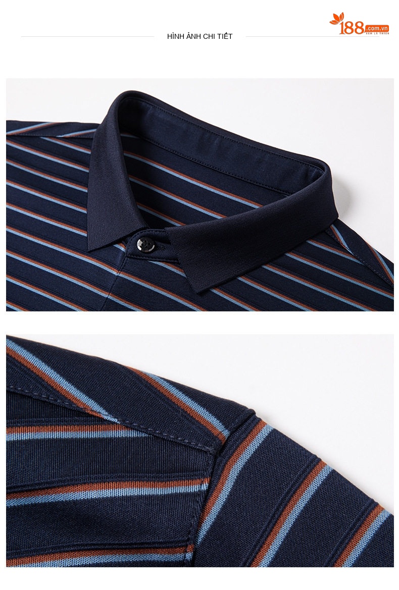 Áo Polo Nam Tay Ngắn 100% Pure Mulberry Silk (Tằm) Họa Tiết Sọc Màu Xanh Navy chi tiết 15