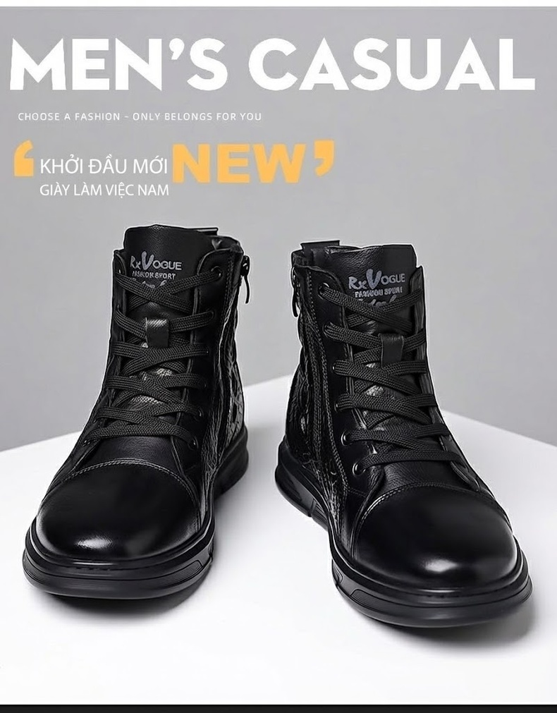 Giày Boot Martin Nam Da Bò Cao Cổ Phong Cách Anh Quốc Chiều Cao Đế Khoảng 3cm Màu Đen chi tiết 3