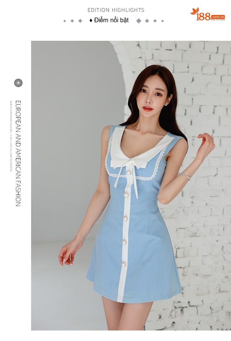Váy liền thân Nữ dáng chữ A V Cổ Thanh Lịch Màu Xanh, Trắng chi tiết 2