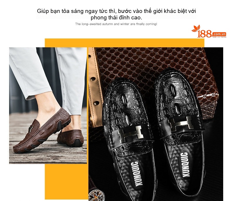 Giày Lười Nam Da Bò Vân Cá Sấu Chiều Cao Đế Khoảng 2cm Màu Đen, Nâu chi tiết 6