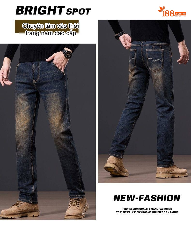 Quần Jean Nam Ống Đứng Vừa Vặn Phong Cách Retro Vải Denim Màu Xanh Dương chi tiết 5