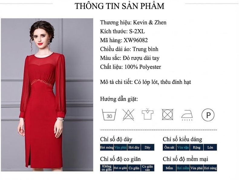 Váy Thu Đông Dáng Ôm Tay Dài Cổ Điển Dự Tiệc Màu Đỏ Rượu chi tiết 19
