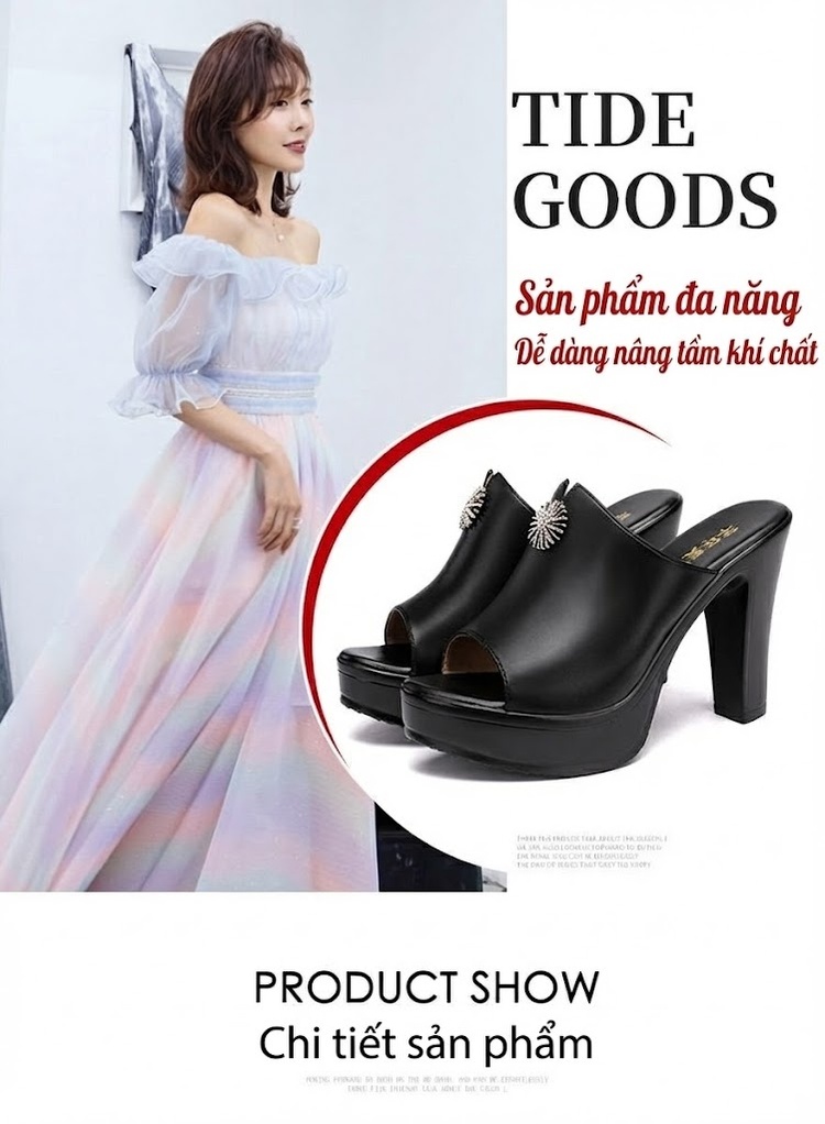 Dép Sục Nữ Hở Mũi Da Bò Đế Xuồng Quai Ngang Chiều Cao Đế 10cm Màu Đen, Trắng, Đỏ chi tiết 5