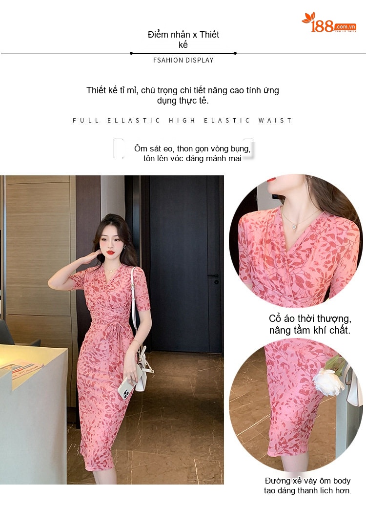 Váy Ôm Body In Hoa Lưới Phong Cách Thanh Lịch Cổ Chữ V Thắt Eo Màu Hồng chi tiết 1