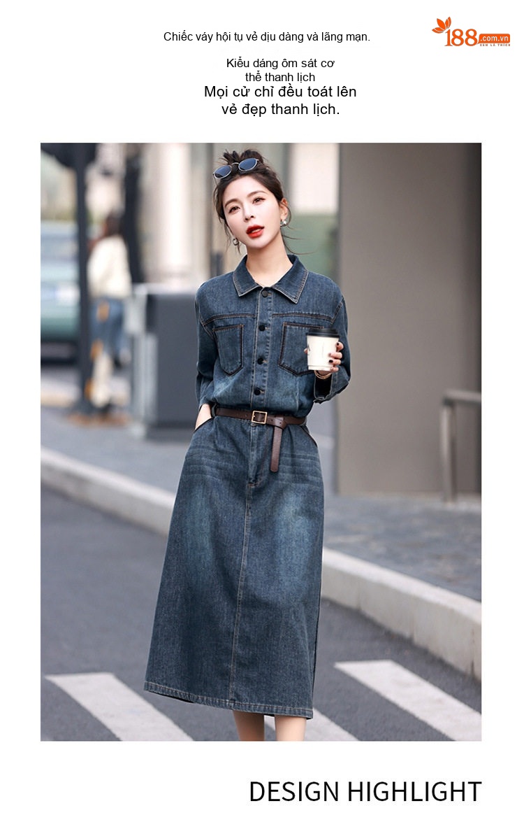 Váy Đầm Jean Nữ Dáng Dài Thắt Eo Phong Cách Công Sở Màu Xanh Denim chi tiết 2
