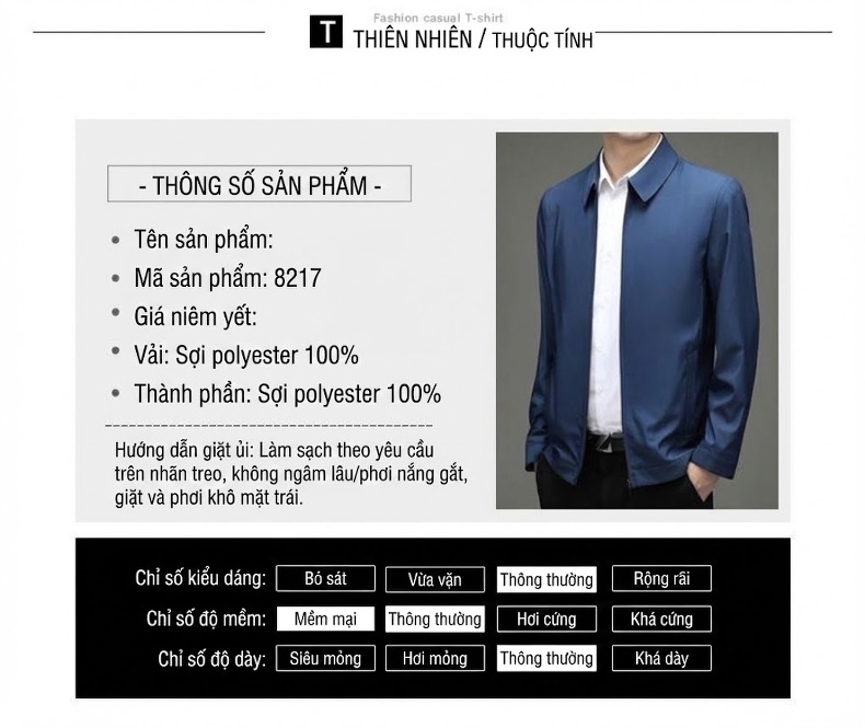 Áo Khoác Nam Cổ Bẻ Khóa Kéo Phong Cách Doanh Nhân Trung Niên Màu Xanh Navy, Be, Xanh Dương, Xám, Đen chi tiết 6