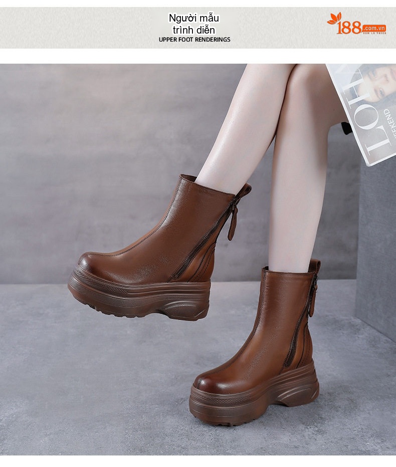 Boot Martin Nữ Da Bò Đế Dày Hai Khóa Kéo Phong Cách Anh Chiều Cao Đế Khoảng 5cm Màu Đen, Nâu chi tiết 8