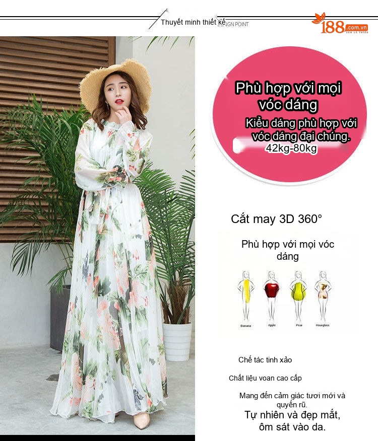 Váy Maxi Dài Tay Phong Cách Bohemian Họa Tiết Hoa Lá Xanh chi tiết 2