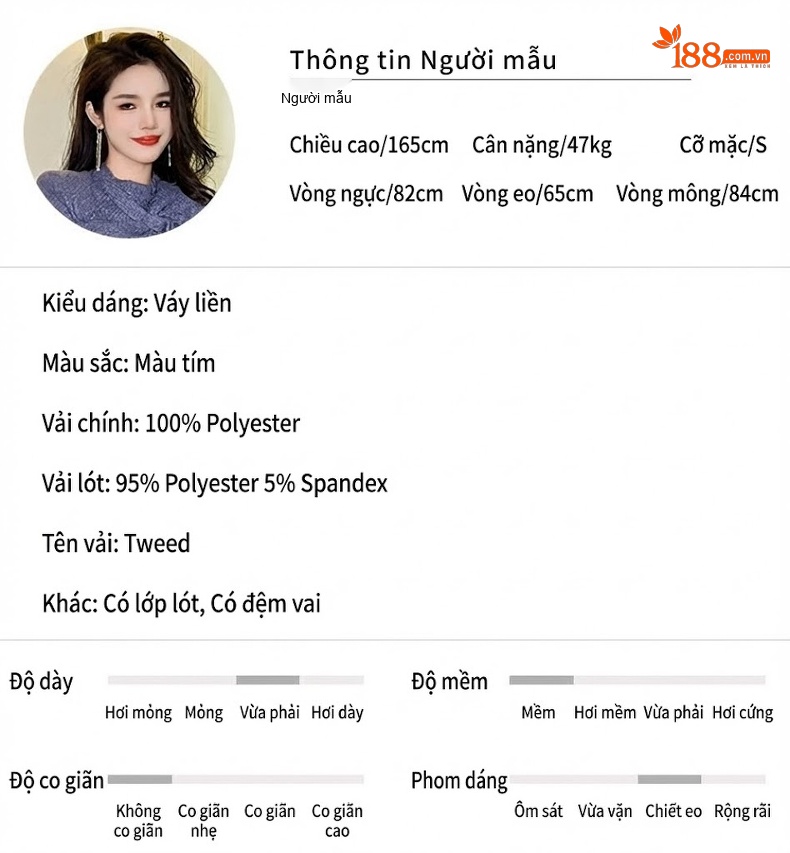 Váy Liền Thân Nữ Tiểu Thư Cổ Nơ Eo Thun Vải Thô Dáng Ôm Màu Tím chi tiết 2