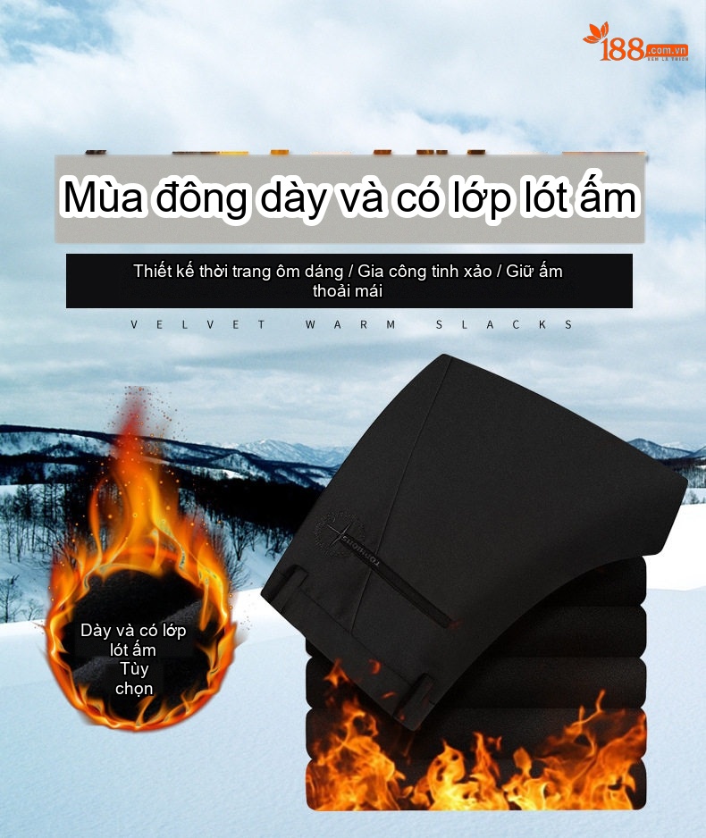 Quần Dài Nam Ống Đứng Lót Lông Mỏng Dáng Ôm Vừa Vặn Màu Đen, Xanh Navy chi tiết 3