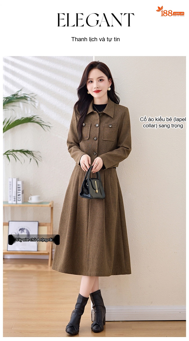 Set Áo Khoác Lửng và Chân Váy Midi Nữ Tính Thu Đông Kèm Thắt Lưng Màu Nâu chi tiết 9