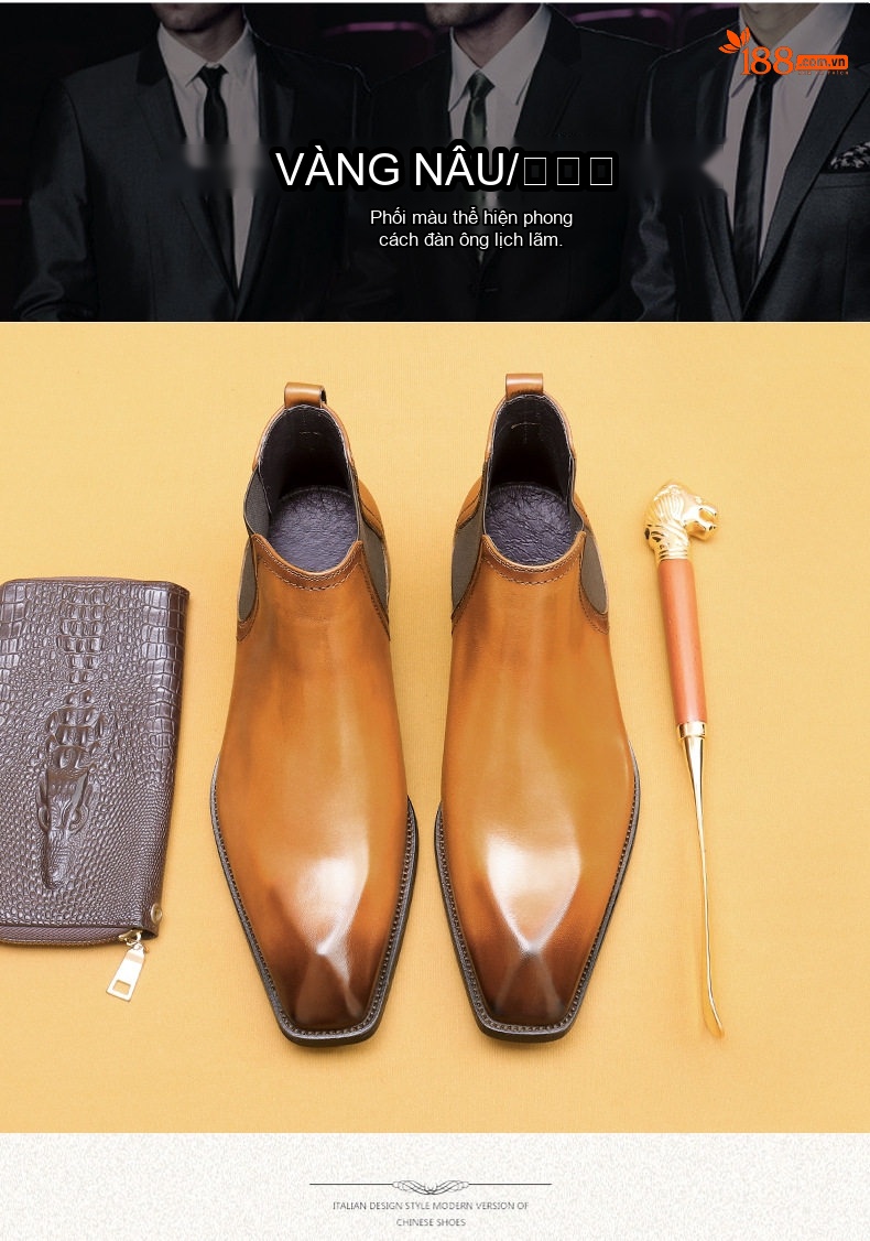 Giày Chelsea Boot Nam Da Thật Lót Lông Chiều Cao Đế Khoảng 3cm Phong Cách Anh Quốc Màu Đen, Nâu chi tiết 4