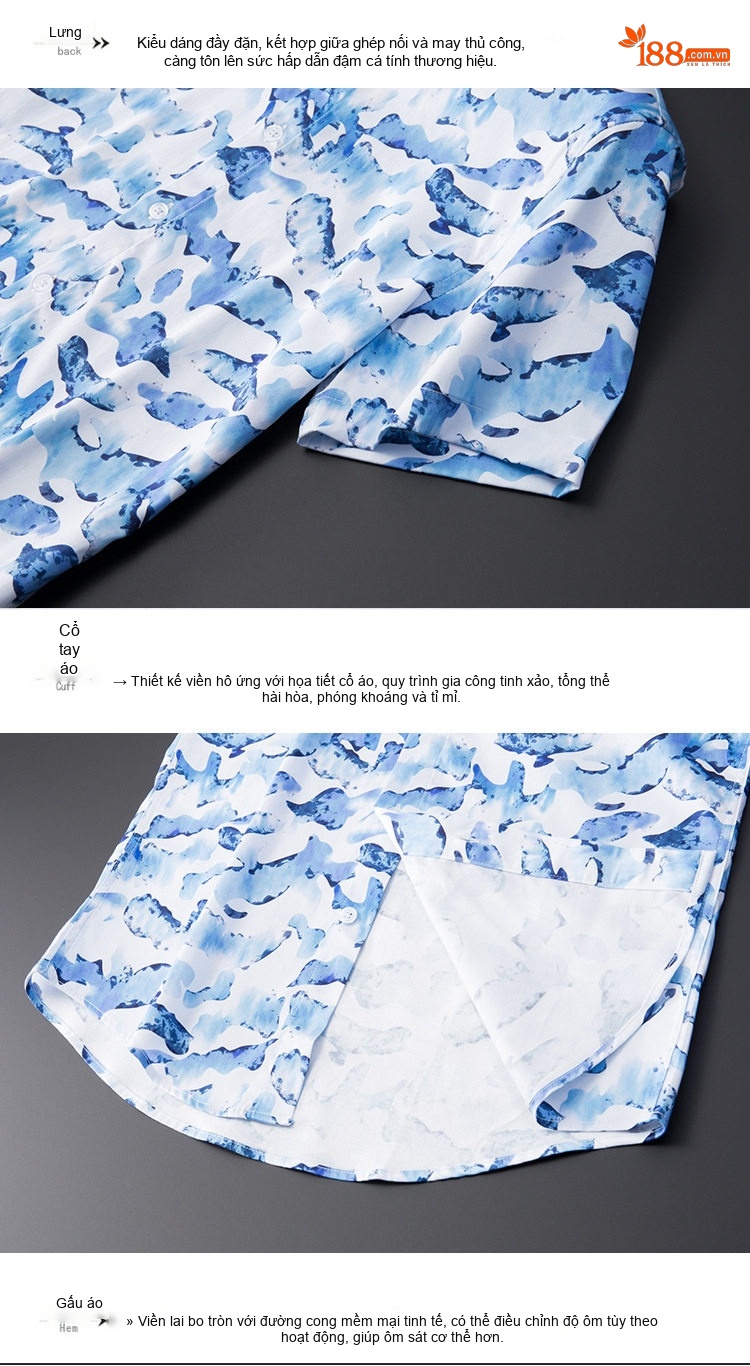 Áo Sơ Mi Ngắn Tay Nam Cotton In Họa Tiết Sóng Biển Màu Trắng, Xanh chi tiết 10