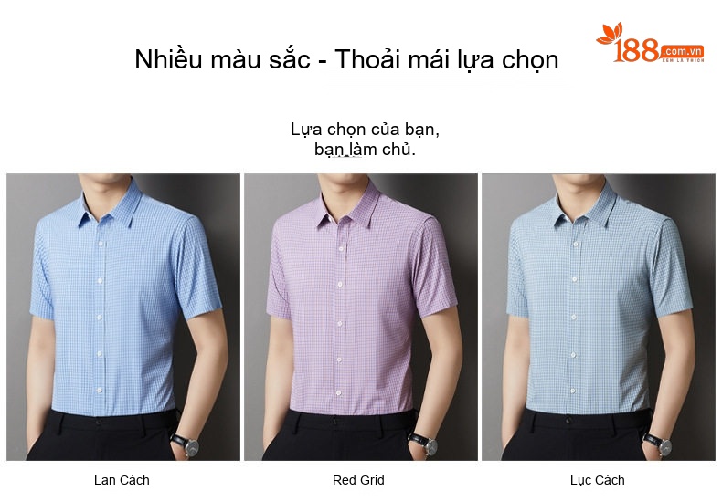 Áo Sơ Mi Nam Sợi Tơ Lụa Cotton Ngắn Tay Chống Nhăn Phong Cách Thanh Lịch Màu Xanh Da Trời, Tím chi tiết 6