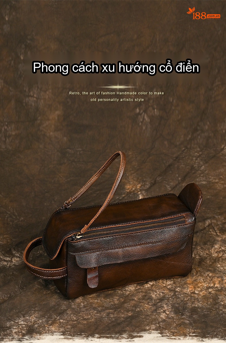 Túi Đựng Đồ Cá Nhân Du Lịch Đa Năng Da Thật Cầm Tay Nam Sức Chứa Lớn Phong Cách Cổ Điển Màu Nâu chi tiết 1