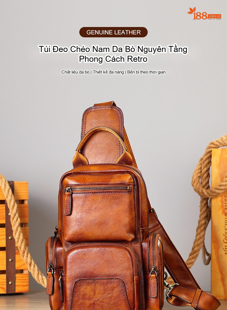 Túi Đeo Ngực/Đeo Chéo Nam Da Bò Thật Phong Cách Cổ Điển Màu Nâu chi tiết 1