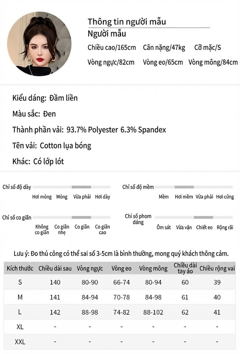 Váy Đầm Ôm Body Dài Tay Cổ Lọ Dáng Dài Xẻ Tà Bất Đối Xứng Màu Đen chi tiết 2