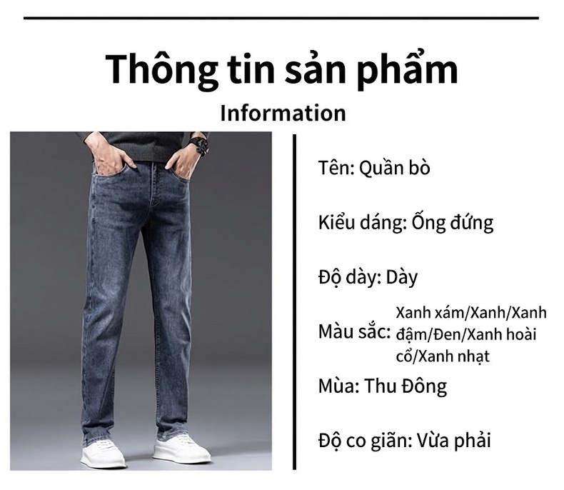 Quần Jean Nam Ống Đứng Co Giãn Thoải Mái Màu Xanh Đậm, Xanh Nhạt chi tiết 11